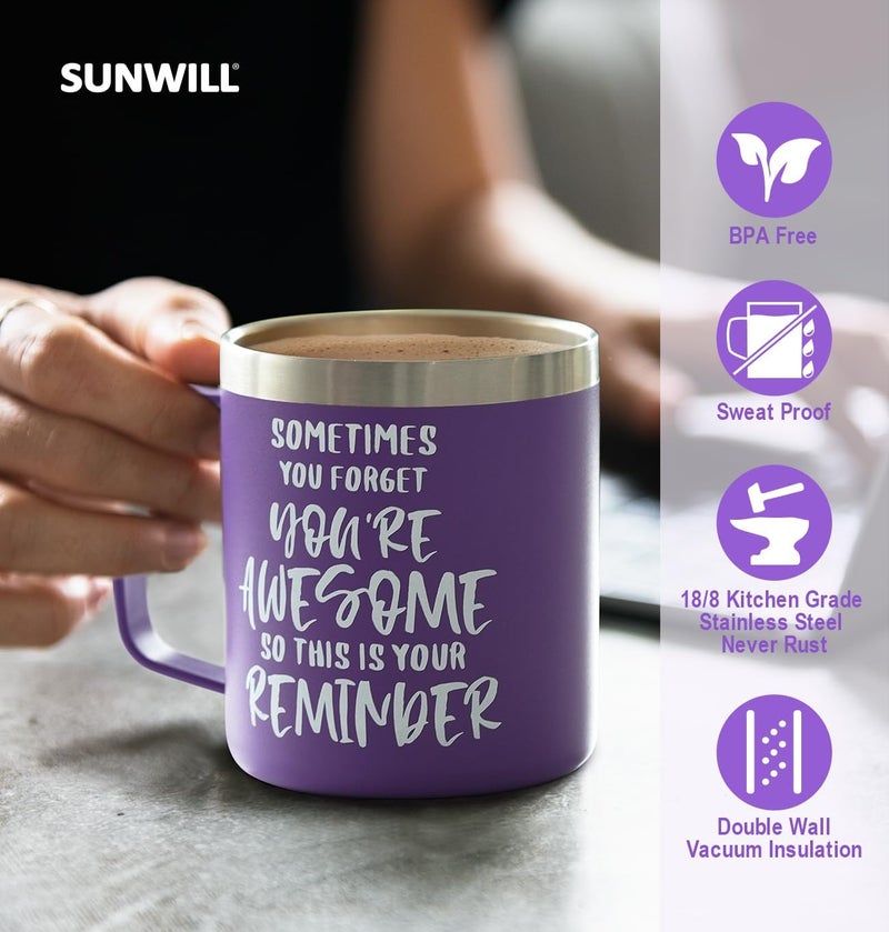 SUNWILL Insulated Coffee Mug with Lid, Birthday Gifts for Women, Stainless Steel Coffee Cup, Inspirational Sometimes You Forget You're Awesome Gifts for Christmas, Graduation, Thank You - 14oz Purple - Image 3