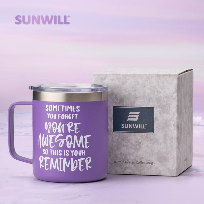 SUNWILL Insulated Coffee Mug with Lid, Birthday Gifts for Women, Stainless Steel Coffee Cup, Inspirational Sometimes You Forget You're Awesome Gifts for Christmas, Graduation, Thank You - 14oz Purple - Image 4