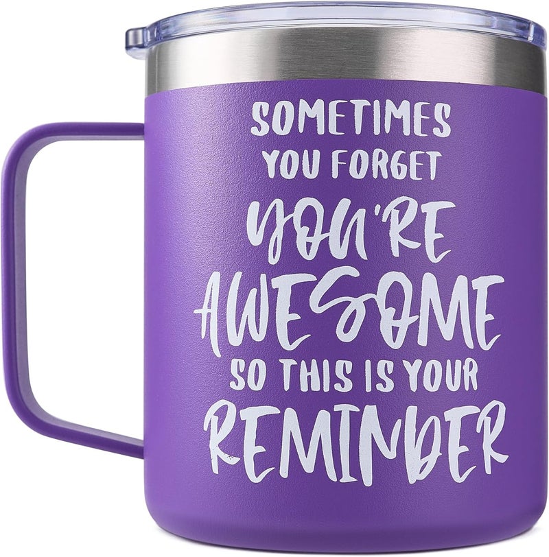 SUNWILL Insulated Coffee Mug with Lid, Birthday Gifts for Women, Stainless Steel Coffee Cup, Inspirational Sometimes You Forget You're Awesome Gifts for Christmas, Graduation, Thank You - 14oz Purple - Image 1