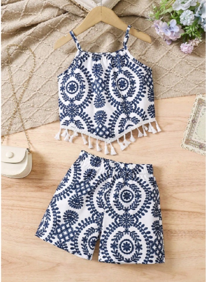 SHEIN Young Girl Casual Allover Print Tassel Hem Spaghetti Strap Shorts 2 Pieces Set - Image 4