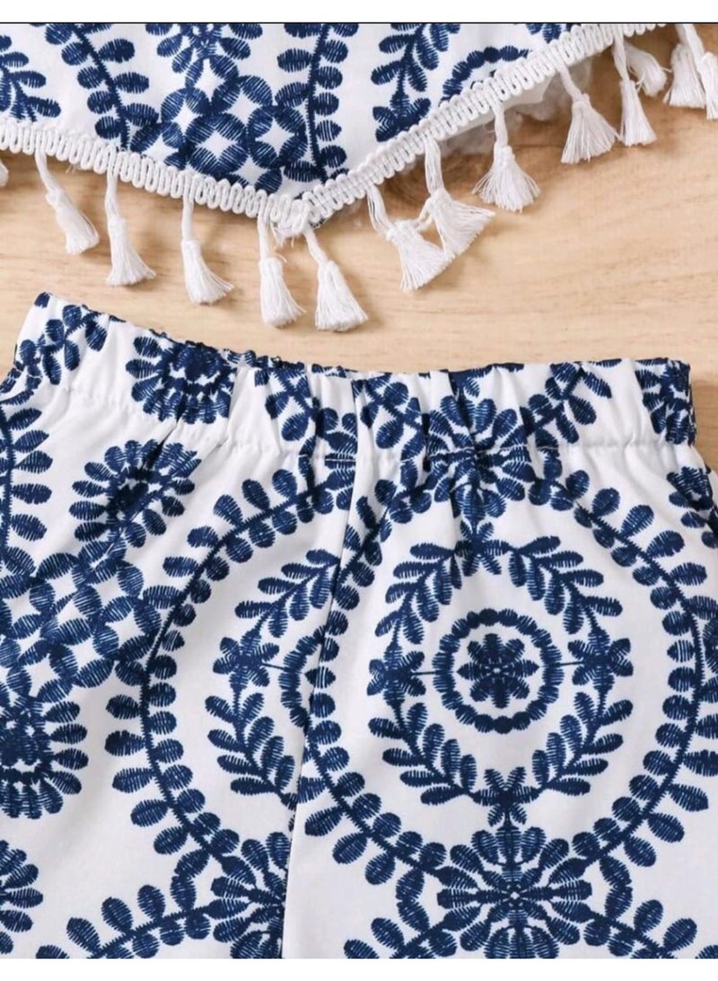 SHEIN Young Girl Casual Allover Print Tassel Hem Spaghetti Strap Shorts 2 Pieces Set - Image 2