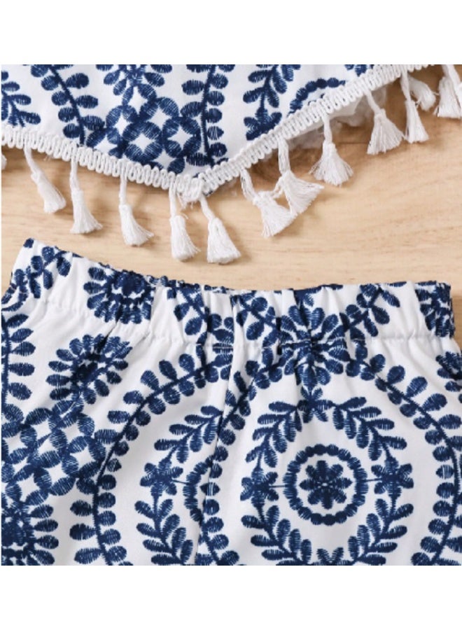 SHEIN Young Girl Casual Allover Print Tassel Hem Spaghetti Strap Shorts 2 Pieces Set - Image 3
