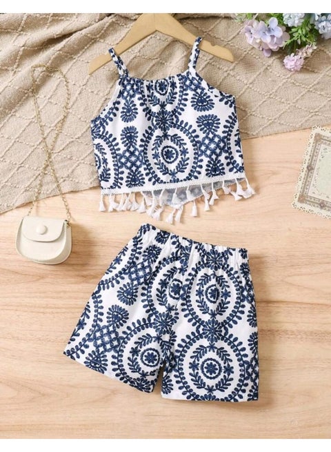 SHEIN Young Girl Casual Allover Print Tassel Hem Spaghetti Strap Shorts 2 Pieces Set