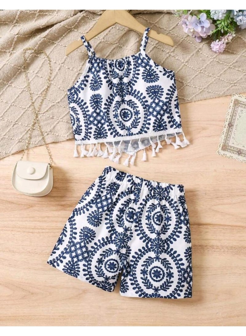 SHEIN Young Girl Casual Allover Print Tassel Hem Spaghetti Strap Shorts 2 Pieces Set - Image 1
