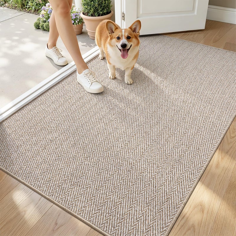 LUMI Ultra Thin Indoor Door Mat for Entrance 36"x56", Non Slip Entryway Mat, Low Profile Doormat, Unique Herringbone Design Carpet for Inside, Patio, Porch, Beige - Image 1