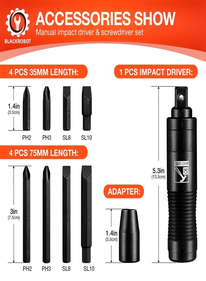 BLACKROBOT 1/2 Inch Drive Impact Screwdriver Set, CR-V, Hand Manual Reversible Impact Driver Set Extractor, 5/16 Inch Bit Adapter with S2 Steel Bits, 10PCS, Disengage Rusted Fasteners or Frozen Bolts - Image 3