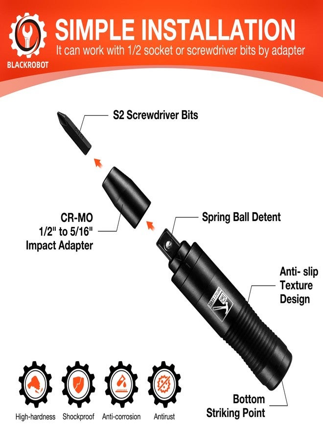 BLACKROBOT 1/2 Inch Drive Impact Screwdriver Set, CR-V, Hand Manual Reversible Impact Driver Set Extractor, 5/16 Inch Bit Adapter with S2 Steel Bits, 10PCS, Disengage Rusted Fasteners or Frozen Bolts - Image 4