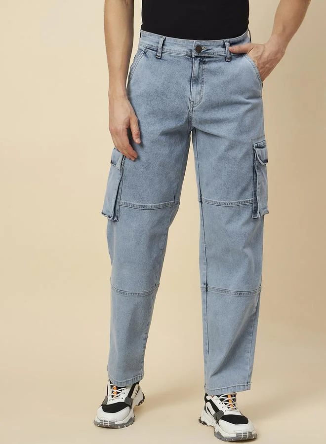 HIGH STAR Mid Rise Light Wash Cargo Jeans by Styli
