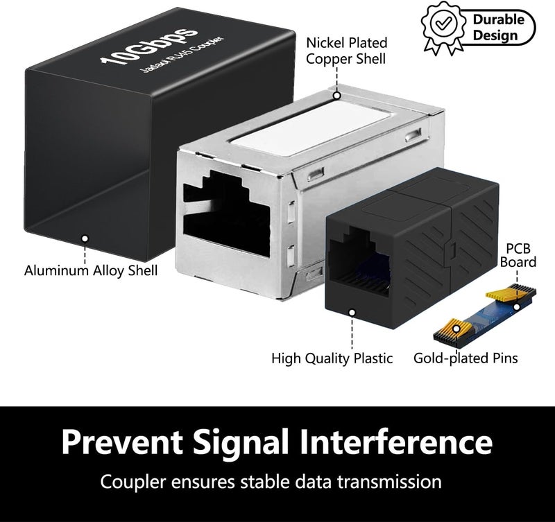Jadaol [UL Listed] RJ45 Coupler 10Gbps Shielded, Gold-Plated Contacts, Aluminum Alloy Inline Ethernet Extender, PoE Supported Female-to-Female Adapter for Cat8/Cat7/Cat6a/Cat6 Cables, 3-Pack Black - Image 4