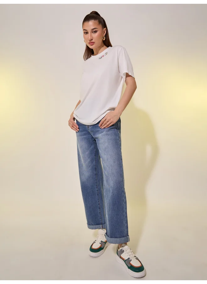 تايك تو Take Two Round Neck Embroidered Detail T-Shirt
