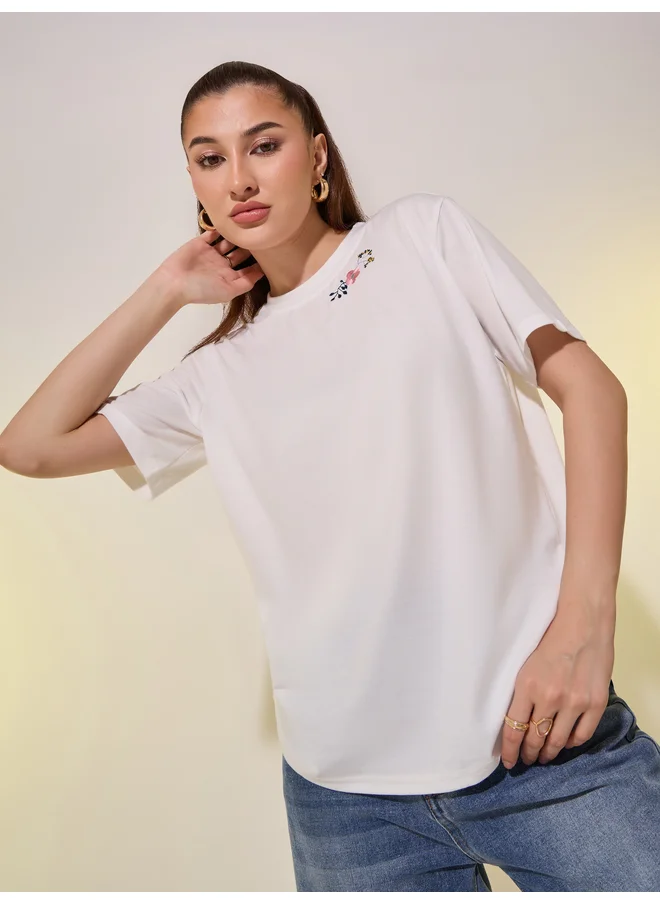 تايك تو Take Two Round Neck Embroidered Detail T-Shirt