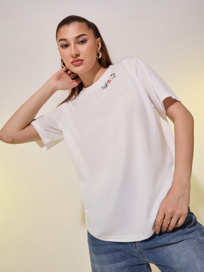 Take Two Round Neck Embroidered Detail T-Shirt - Image 1