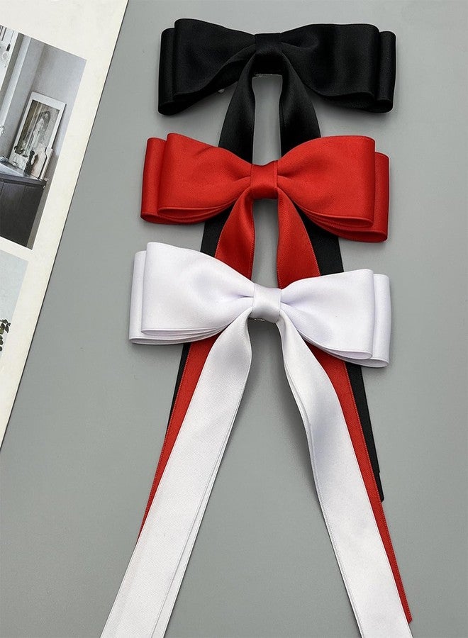 LEBEIGHT 3Pcs Silky Satin Hair Bow Clips for Women Girls | Black White Red Bows for Hair with Long Tail | Hair Ribbon Ponytail Holder Accessories | Cute Bow Hair Clips for Women Girls Toddlers Teens Kids - Image 4