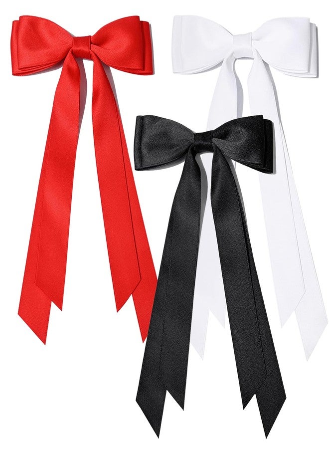 LEBEIGHT 3Pcs Silky Satin Hair Bow Clips for Women Girls | Black White Red Bows for Hair with Long Tail | Hair Ribbon Ponytail Holder Accessories | Cute Bow Hair Clips for Women Girls Toddlers Teens Kids - Image 1