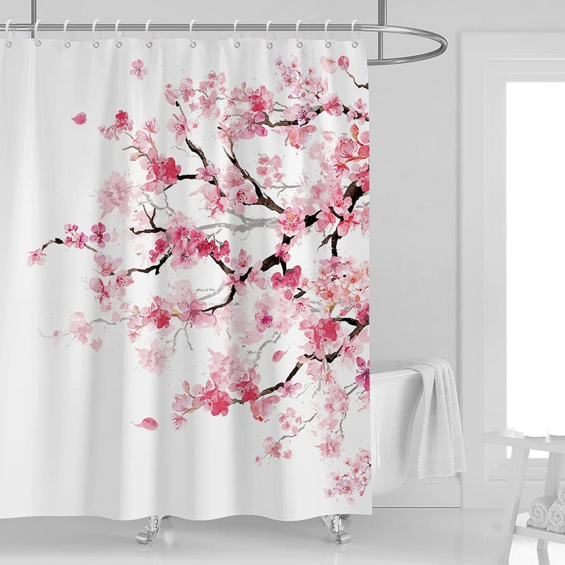 Kikiry Pink Cherry Blossom Shower Curtain 60W x 72L White Flowers Floral Sakura Blooming Plum Japanese Asian Anime Art Style Polyester Fabric Waterproof 12 Pack Plastic Hooks