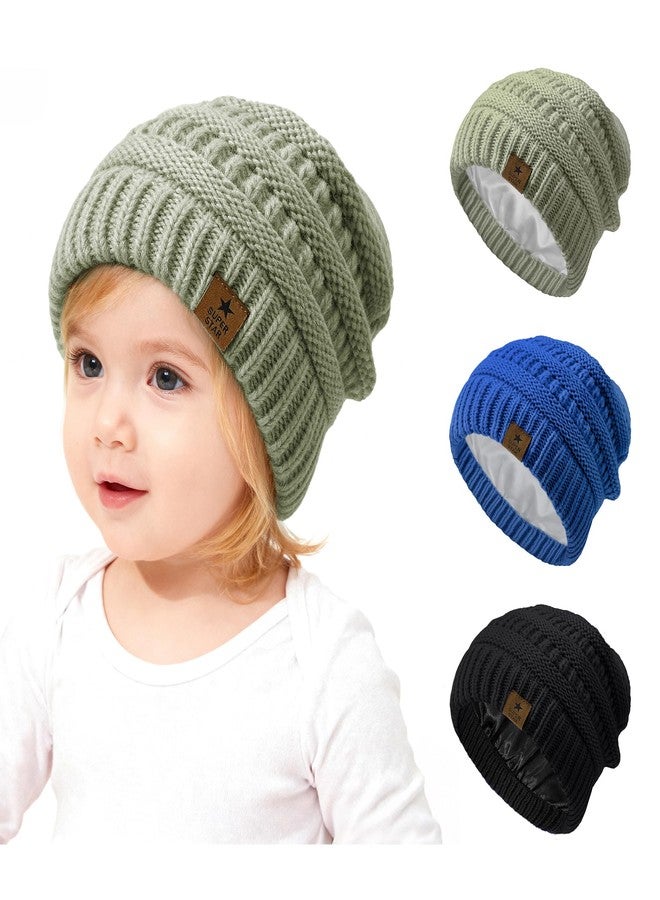 Zando 3 Pack Satin Lined Baby Girls Boys Toddler Winter Hat Infant Beanie Warm Soft Thick Cable Knit Hat Chunky Cap Silk Lined Outdoors Accessories Black Grey Blue 6-36 Months - Image 1
