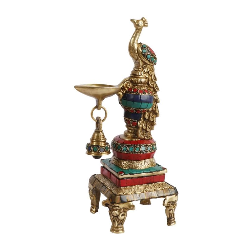 SVARUP Brass Peacock Decorative Diya with Multicolor Stone Chip Design Ideal for Home Mandir Decor Featuring Colorful Stone chip