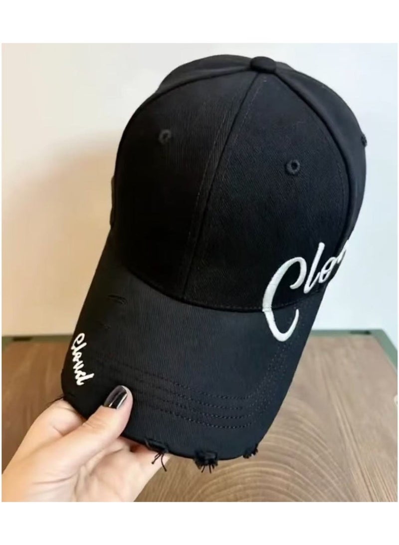 Black Distressed Washed Baseball Cap, Side Cursive Gorgeous Embroidery Vintage Dad Hat, Casual Sun Hat for Men & Women - Image 1
