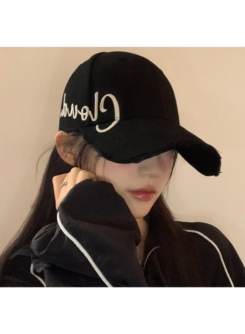 Black Distressed Washed Baseball Cap, Side Cursive Gorgeous Embroidery Vintage Dad Hat, Casual Sun Hat for Men & Women - Image 3