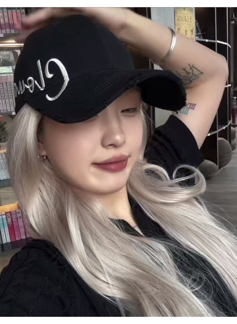Black Distressed Washed Baseball Cap, Side Cursive Gorgeous Embroidery Vintage Dad Hat, Casual Sun Hat for Men & Women - Image 4