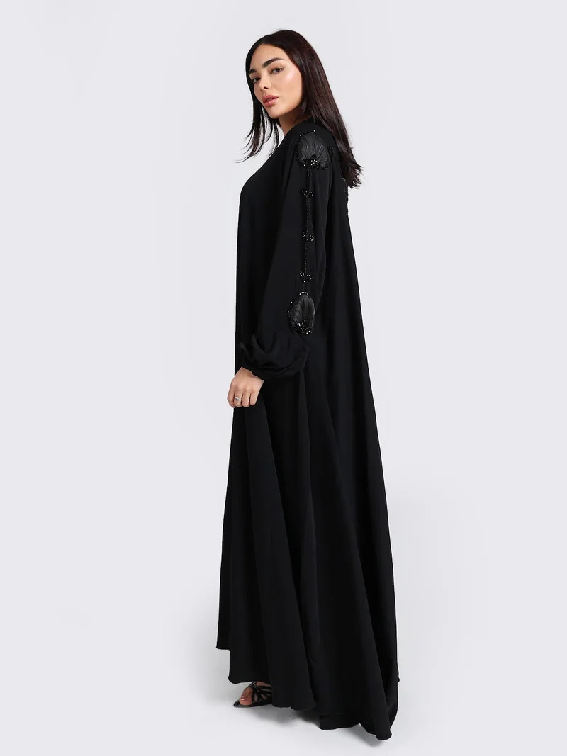 Reem Abayas Black Balloon Sleeve Beaded Abaya - Modern Minimalist Modest Wear
