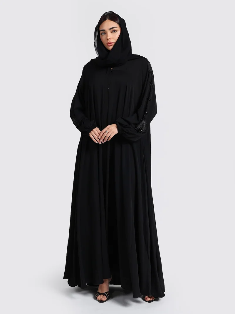 Black Balloon Sleeve Beaded Abaya - Modern Minimalist Modest Wear
