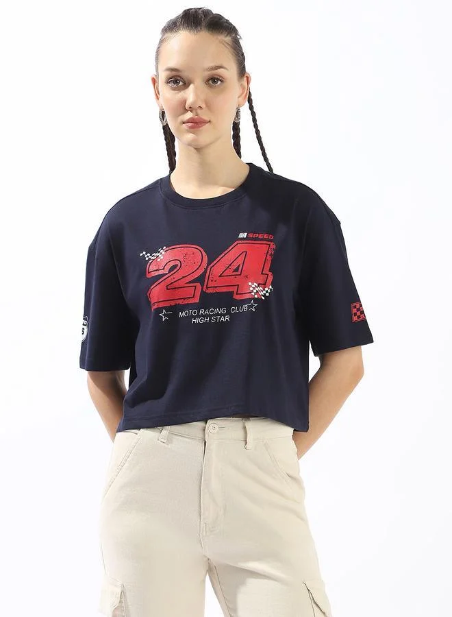 Women's Navy 100% Cotton Printed Boxy Fit T-Shirt