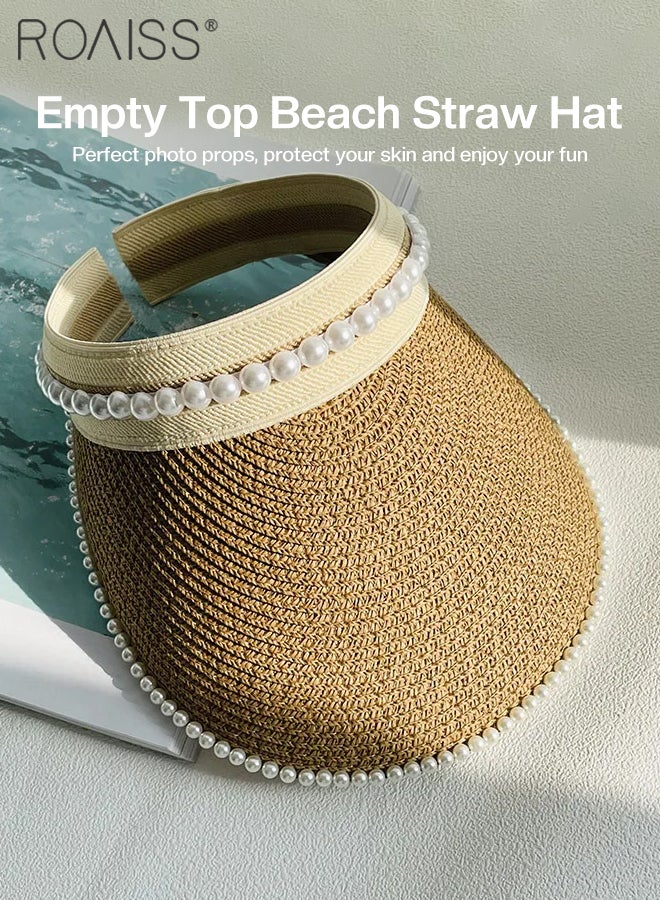 roaiss 2 Pcs Wide Brim Empty Top Pearl Straw Hat for Women Lady's Portable Beach Pearl Decor Sun Hat Casual Golf Beach Cap Wide Brim Outdoor Hat Garden Fishing Hiking - Image 4