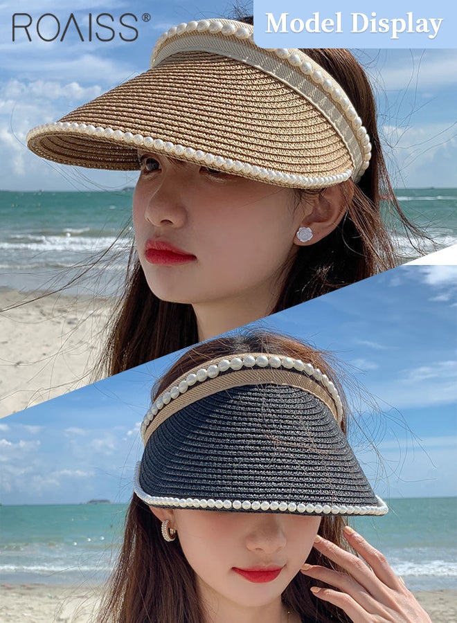 roaiss 2 Pcs Wide Brim Empty Top Pearl Straw Hat for Women Lady's Portable Beach Pearl Decor Sun Hat Casual Golf Beach Cap Wide Brim Outdoor Hat Garden Fishing Hiking - Image 2