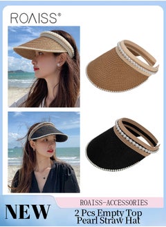 roaiss 2 Pcs Wide Brim Empty Top Pearl Straw Hat for Women Lady's Portable Beach Pearl Decor Sun Hat Casual Golf Beach Cap Wide Brim Outdoor Hat Garden Fishing Hiking  - Image 1