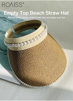 roaiss 2 Pcs Wide Brim Empty Top Pearl Straw Hat for Women Lady's Portable Beach Pearl Decor Sun Hat Casual Golf Beach Cap Wide Brim Outdoor Hat Garden Fishing Hiking  - Image 4