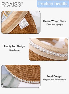 roaiss 2 Pcs Wide Brim Empty Top Pearl Straw Hat for Women Lady's Portable Beach Pearl Decor Sun Hat Casual Golf Beach Cap Wide Brim Outdoor Hat Garden Fishing Hiking  - Image 5