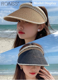 roaiss 2 Pcs Wide Brim Empty Top Pearl Straw Hat for Women Lady's Portable Beach Pearl Decor Sun Hat Casual Golf Beach Cap Wide Brim Outdoor Hat Garden Fishing Hiking  - Image 2