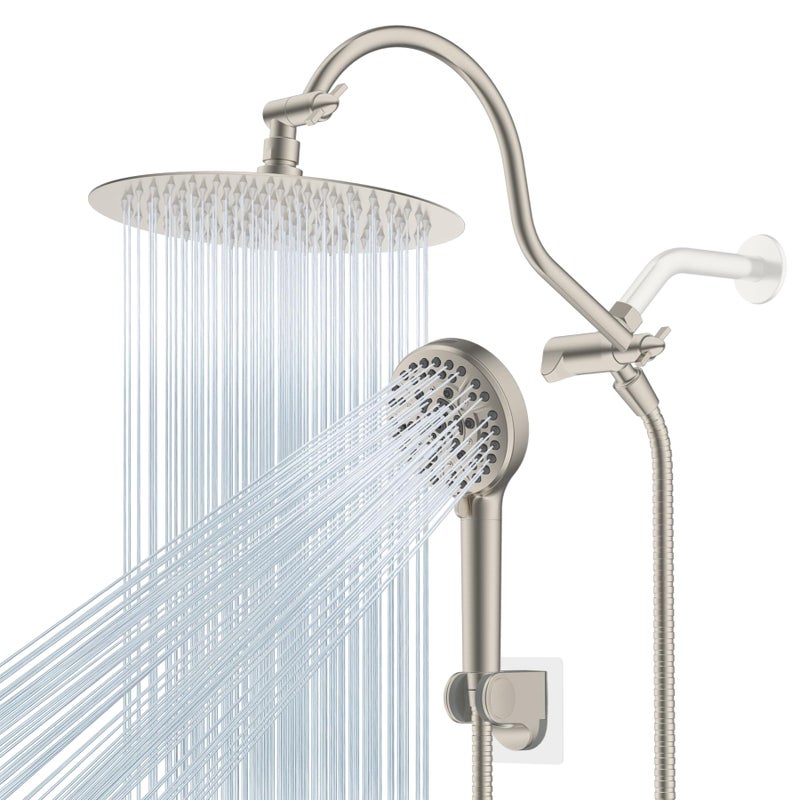 Hibbent All Metal Shower Head 10 High Pressure Rainfall Shower HeadHandheld Showerhead Combo 12 Adjustable Curved Shower Extension Arm 10Spray 71 Adhesive Showerhead Holder Brushed Nickel