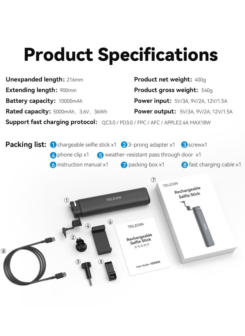 عصا سيلفي قابلة لإعادة الشحن بقدرة 10000 مللي أمبير في الساعة مع كابل شحن USB-C لكاميرات الحركة/الهواتف - pzsku/Z677385B5FF158E7D43AEZ/45/_/1715682374/4a93a610-b4b6-4ad5-92c1-810930896f69