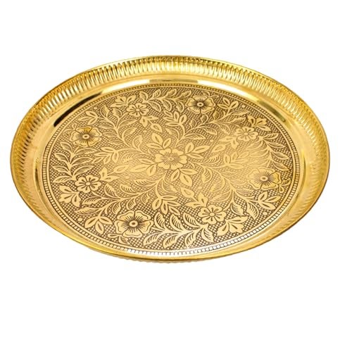 Putrika Traditional Handcrafted Brass Puja | Pooja Thali | Arati Bartan Thambulam Plate | Engraved Designed - Designer Halwa THALI (10 INCH) - Image 2