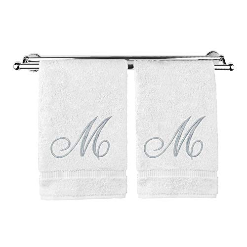 BC BARE COTTON Monogrammed Hand Towel, Personalized Gift, 16 x 30 Inches - Set of 2 - Silver Embroidered Towel - Extra Absorbent 100% Turkish Cotton- Soft Terry Finish - For Bathroom, Kitchen and Spa- Script M White - Image 1