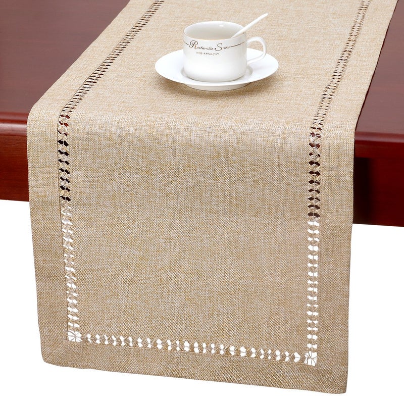 Grelucgo Handmade Hemstitch Beige Table Runner Or Dresser Scarf, Rectangular 14 by 36 Inch - Image 1