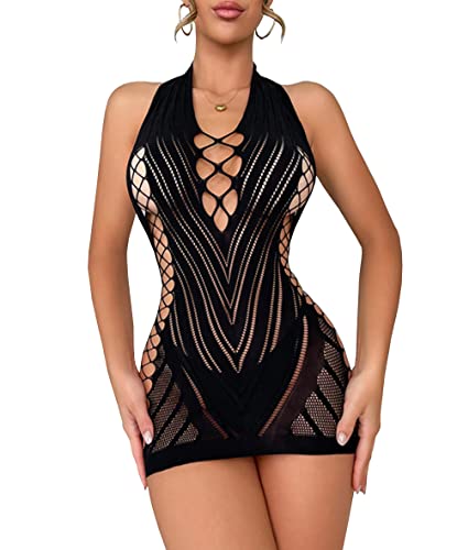 Buitifo Women Sexy Lingerie Dress One Piece Babydoll Nightwear Halter Mini Dresses (Black,One Size) - Image 1