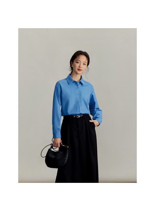 Inman Simple Commuter Casual Spring Women's Loose Classic Retro Long Sleeve White Shirt Top Klein Blue XL - Image 3