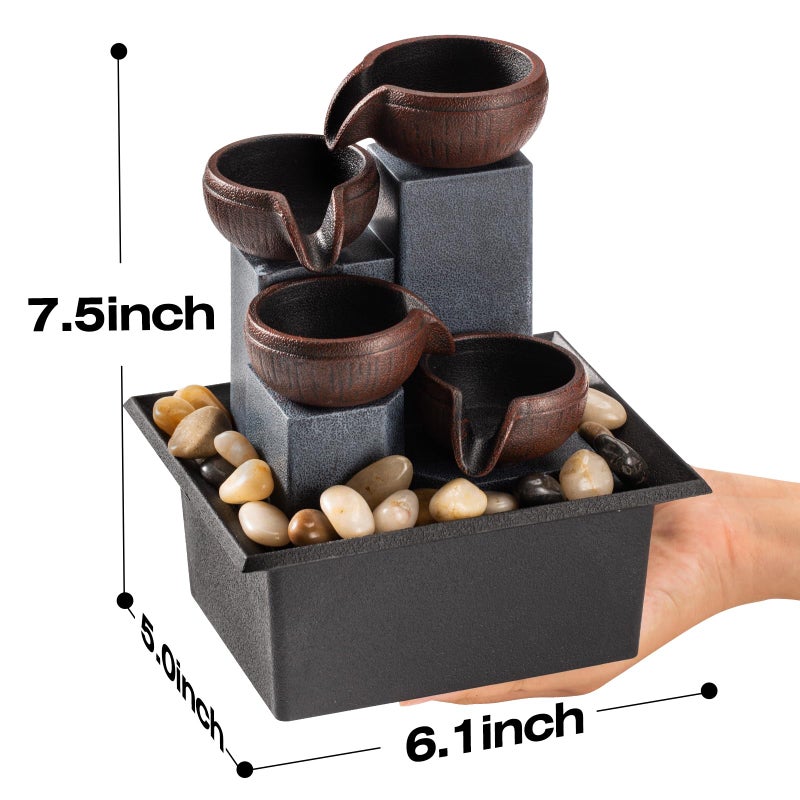AMOOTEK Tabletop Fountain 4 Level Small Waterfall Fountain Indoor Relaxing Water Feature Meditation Fountain for Home Office Bedroom Decoration Including LED Lighting Natural Rocks as Festival Gifts - Image 3