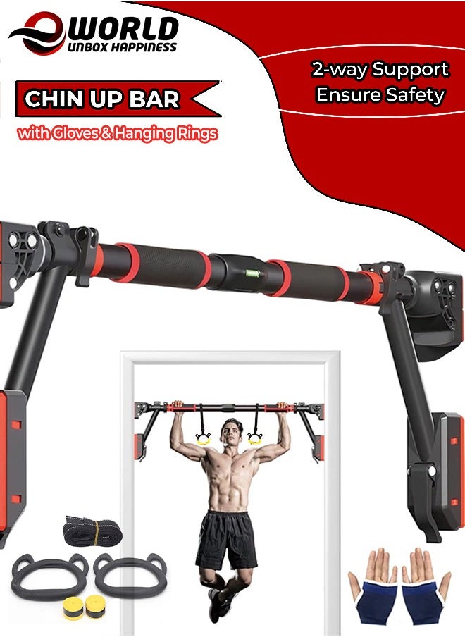 Eworld - Sturdy Doorway Chin up bar with Gloves and Children Hanging Rings, Featuring 2 way Safe Support, Locking Adjustable Width and No Screw Wall Mount, All in One Gym System for Total Upper Body Workout - Image 1