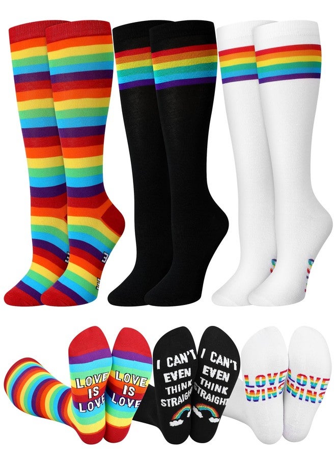 Eurzom 3 Pairs Novelty Rainbow Pride Knee High Socks Funny Cotton Socks Lesbian Gay Accessories Lgbtq Gifts for Women Men Unisex - Image 1