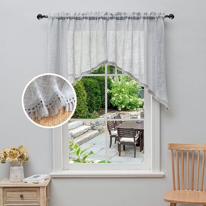 BEDA HOME TASSEL LINEN TEXTURED SWAG CURTAIN VALANCE FOR FARMHOUSES KITCHEN LIGHT FILTERING RUSTIC SHORT SWAG TOPPER FOR SMALL WINDOWS BEDROOM PRIVACY ADDED ROD POCKET DESIGN LT GREY 36X362PCS