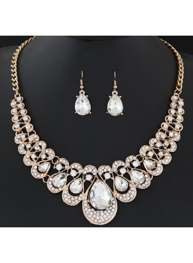 NIBEMINENT European and American Fashion Metallic Glitter Gemstone Necklace and Earring Set (Teardrop)