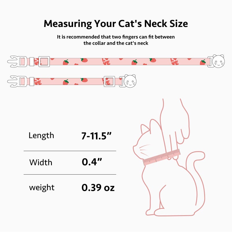 FYEQYAOU 2 Pack Cotton Breakaway Cat Collar Pink Strawberries and White Heart Shaped Pendant Cute Kitten Cat Collar with Bell - Image 3