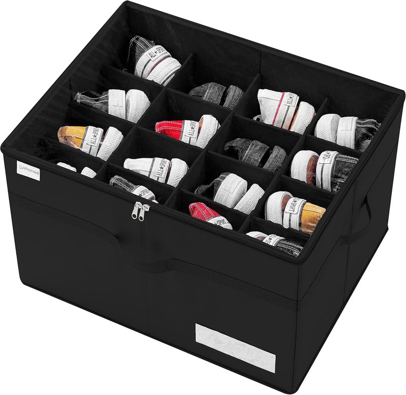 LOOKMINT Large Shoe Storage Box with 16 Compartments 53 x 43 x 32 cm Adjustable Dividers Clear Cover Black - Image 1