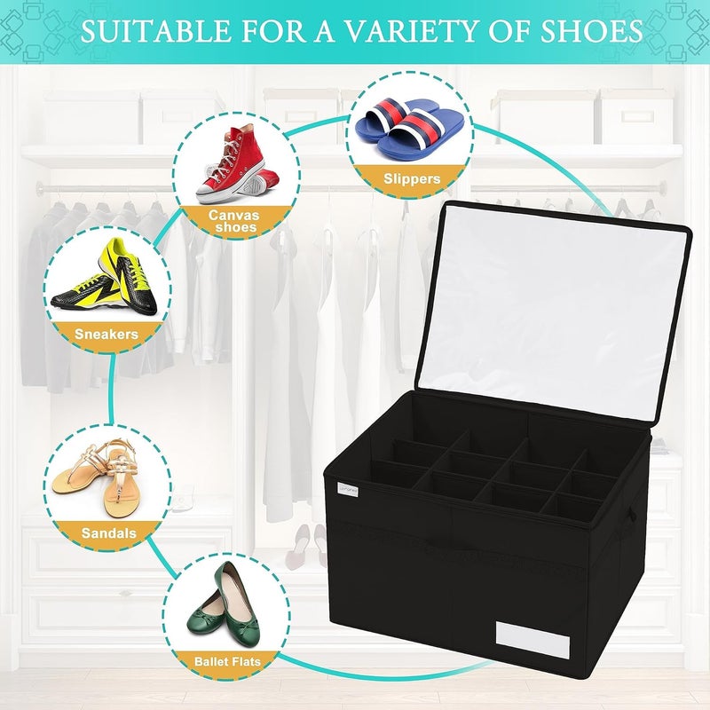 LOOKMINT Large Shoe Storage Box with 16 Compartments 53 x 43 x 32 cm Adjustable Dividers Clear Cover Black - Image 3