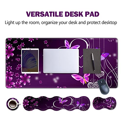 ARTSO Upgraded Extended Gaming Mouse Pad, Keyboard Wrist Rest Pad, Wrist Support Mousepad Set, Artso Large Rubber Base Stitched Edges, Multifunctional Desk Pad (35 x15.5 in), Purple Heart Butterfly - Image 2
