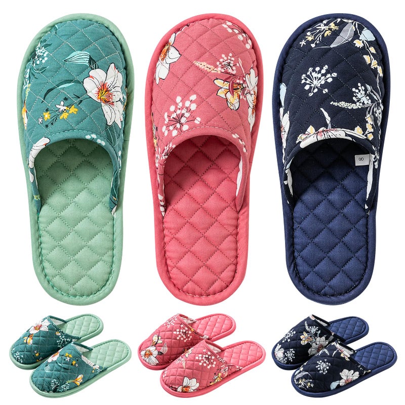 biroris 3 Pairs Women's Indoor House Slippers, Floral Cotton Closed Toe, Comfortable Washable Portable Foldable, for Guest Travel Hotel Airplane Spa - Image 1